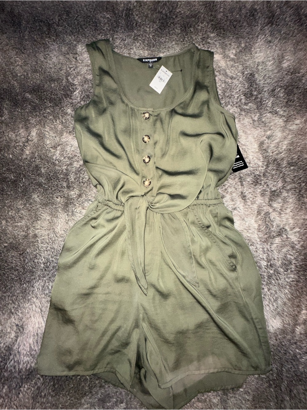 Express | Sleeveless Tie-Waist Romper in Olive Green | XS